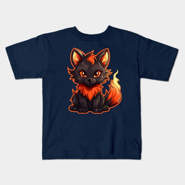 Baby black fire fox with flaming tail Kids T-Shirt by Clearmind Arts